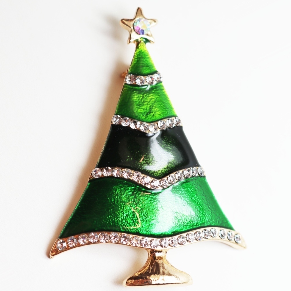 Rhinestone and Enamel Holiday Tree Brooch